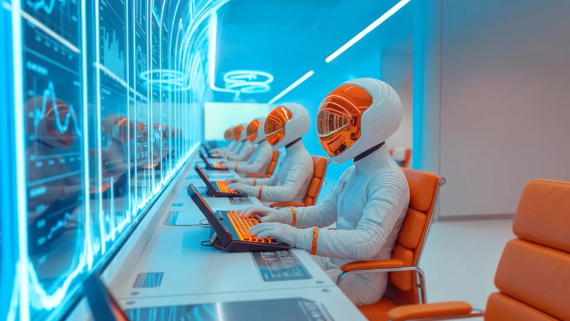 Astronautteja valvomon konsoleilla, seinällä mittausdataa